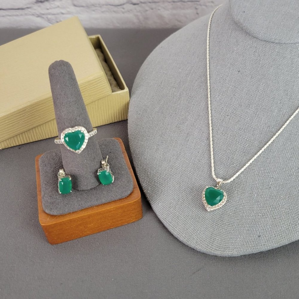 Green Onyx Rhodium Over Silver Heart Necklace, Ring (Sz 7.5), & Earrings - Picture 1 of 16